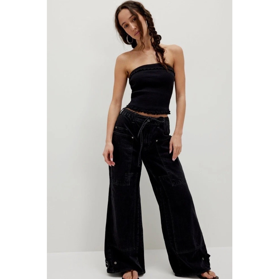 Free People Crvy Outlaw Wide Leg Jeans Black Jasper Sz M Short $148 {3h53}